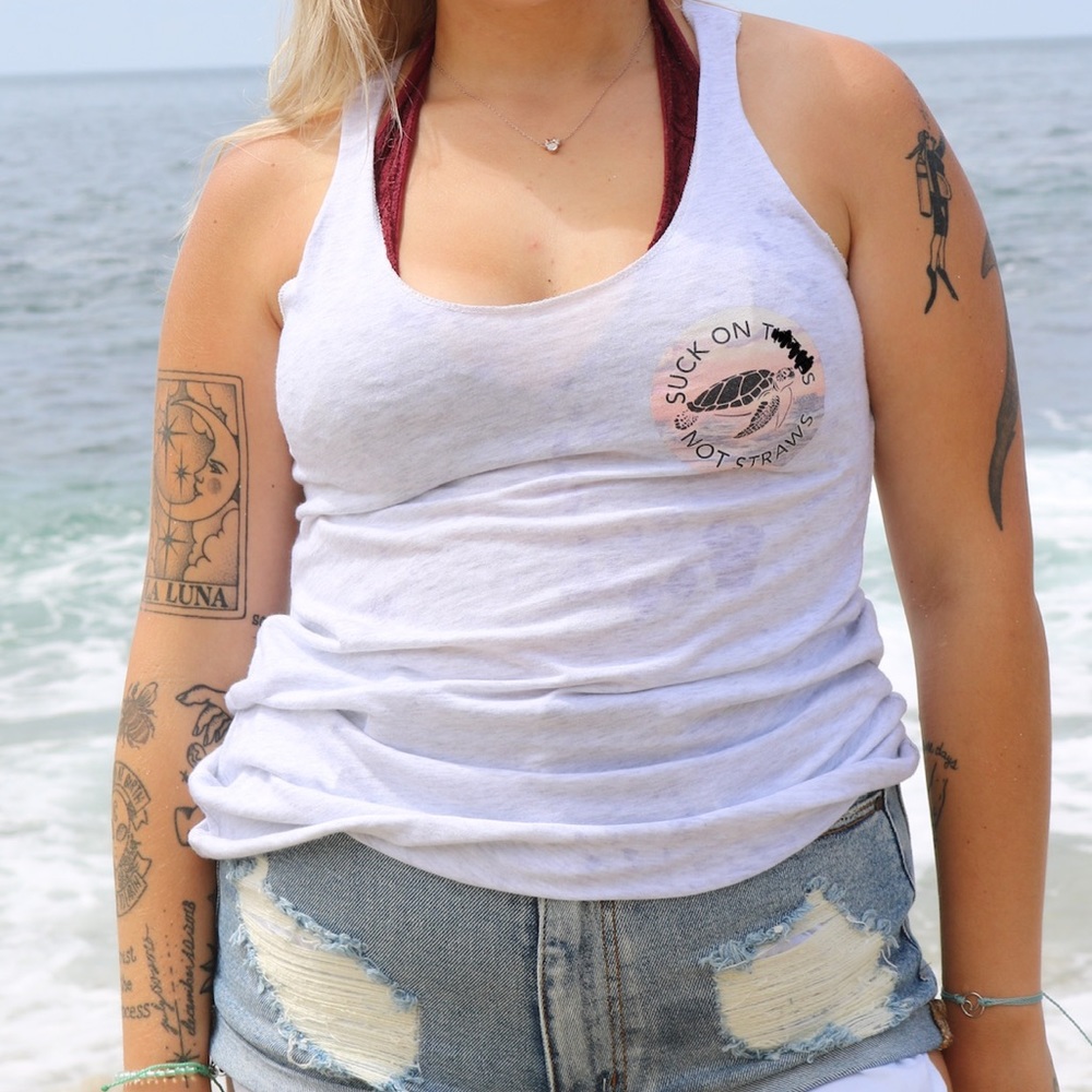 Suck On T*****s Not Straws Tri-Blend Racerback Tank Top - Save The Turtles
